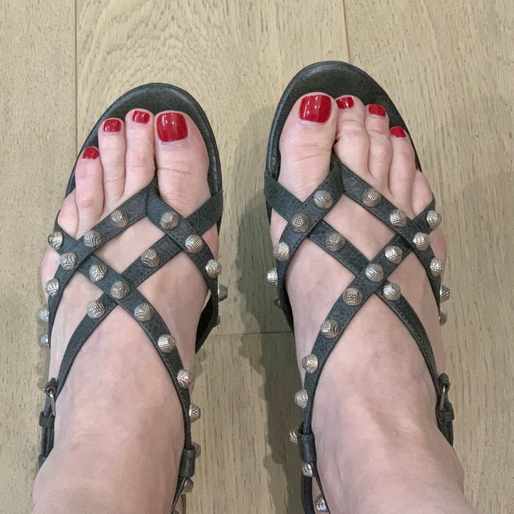 Balenciaga Pewter Silver Studded Sandals